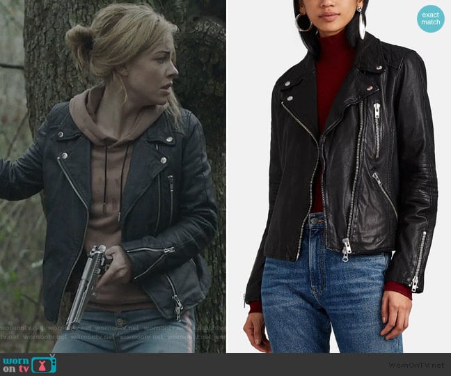 Quilted Leather Moto Jacket by Barneys New York worn by Kelly Anne Van Awken (Molly Burnett) on Queen of the South