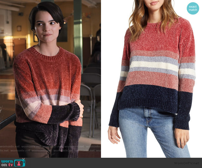 Stripe Chenille Sweater by Cotton Emporium worn by Elodie Davis (Brianna Hildebrand) on Trinkets