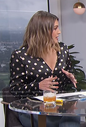 Carissa’s black polka dot wrap top on E! News Daily Pop