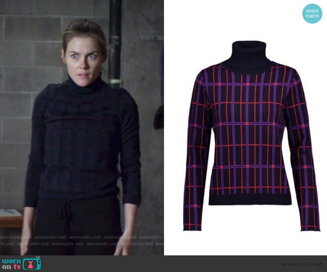 Check turtleneck Sweater by Carven worn by Trish Walker (Rachael Taylor) on Jessica Jones