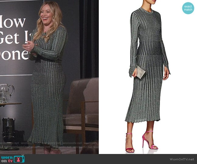 Metallic Rib-Knit Midi-Dress by Cedric Charlier worn by Kelsey Peters (Hilary Duff) on Younger