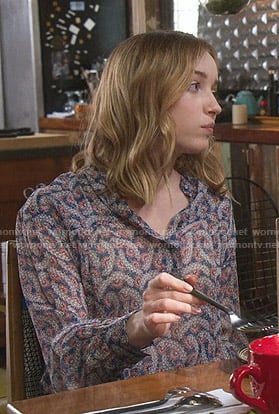 Clare's blue printed blouse on Younger