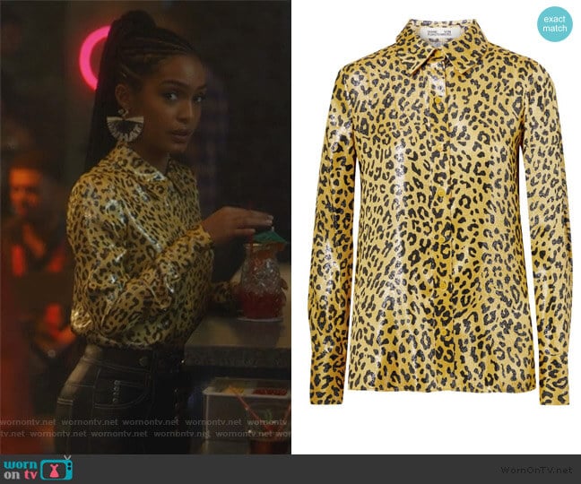 Leopard-print metallic silk-blend jacquard shirt by Diane von Furstenberg worn by Zoey Johnson (Yara Shahidi) on Grown-ish