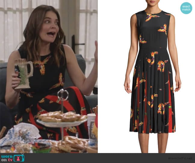 Talita Bird-Print Silk Pleated Sleeveless Dress by Diane von Furstenberg worn by Heather Hughes (Betsy Brandt) on Life in Pieces