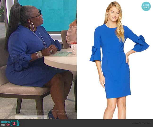 Bell Sleeve Crepe Shift Dress w/ Bow Detail at Wrist by Donna Morgan worn by Sheryl Underwood on The Talk