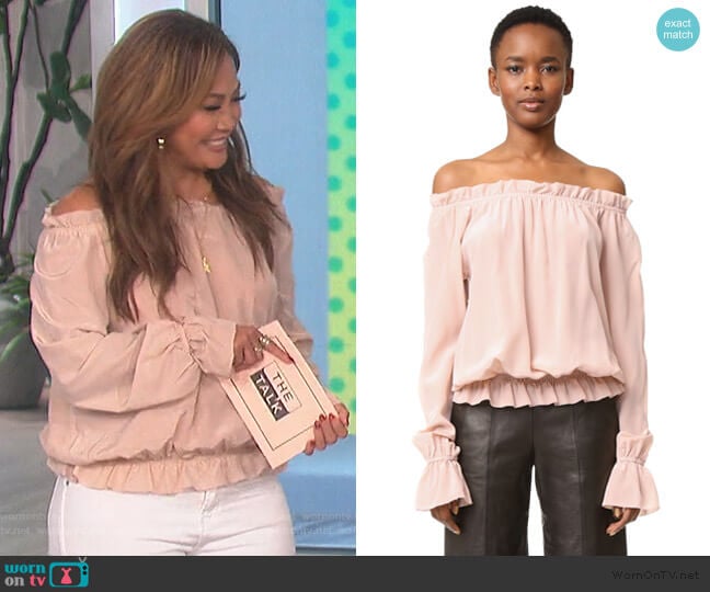 Faye Off Shoulder Blouse by Emerson Thorpe worn by Carrie Inaba on The Talk