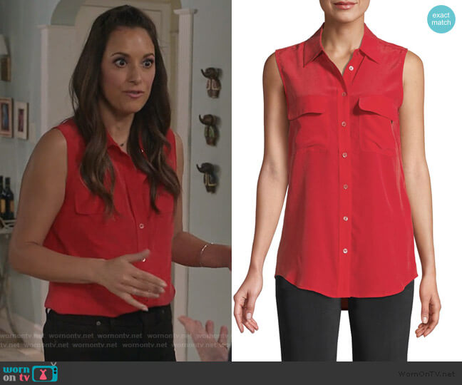 Slim Signature Silk Sleeveless Shirt by Equipment worn by Colleen Brandon-Ortega (Angelique Cabral) on Life in Pieces