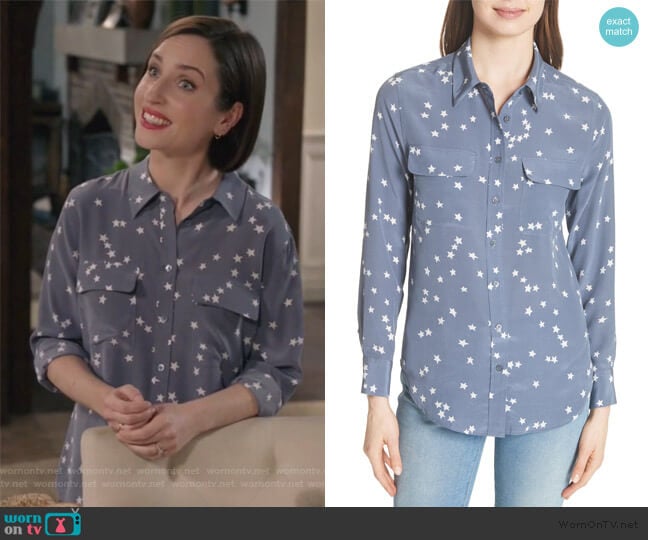 Starry Night Silk Shirt by Equipment worn by Jennifer Short (Zoe Lister-Jones) on Life in Pieces