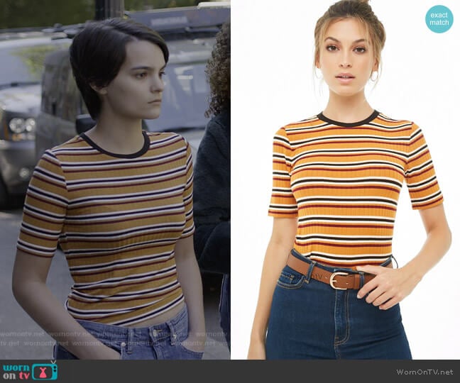 Striped Ribbed Tee by Forever 21 worn by Elodie Davis (Brianna Hildebrand) on Trinkets