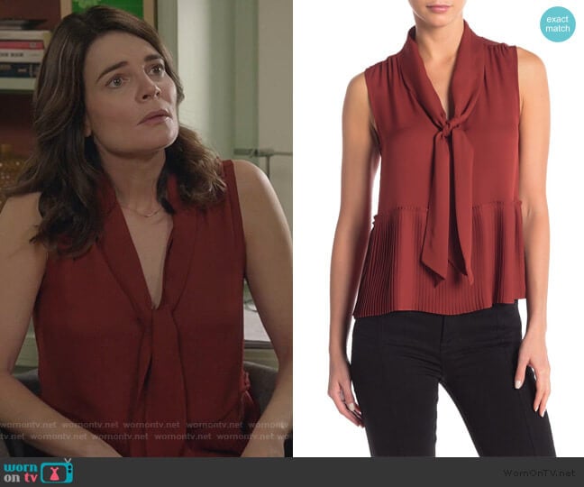 Pleated Front Tie Tank Top by Frame Denim worn by Heather Hughes (Betsy Brandt) on Life in Pieces