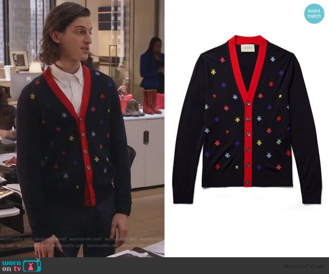 Slim-Fit Intarsia Wool Cardigan by Gucci worn by Peter Vack on The Bold Type