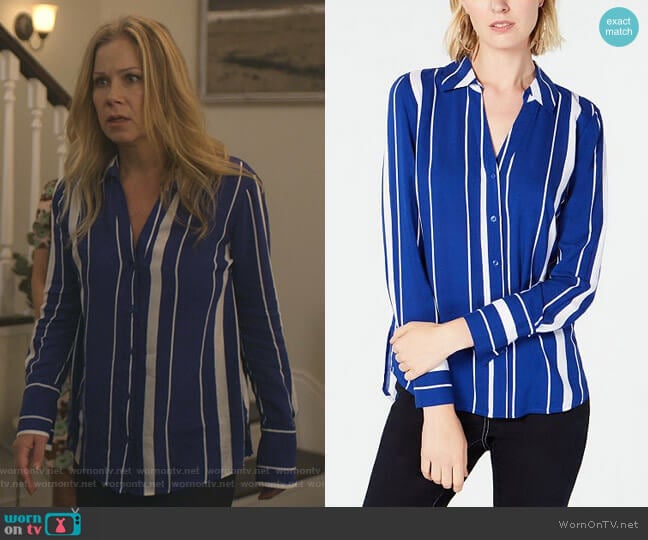 Striped Button-Front Shirt by INC International Concepts worn by Jen Harding (Christina Applegate) on Dead to Me