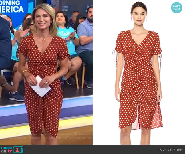 Polka Dot Short Sleeve V Neck Ruched Midi Dress by J.O.A. worn by Amy Robach on Good Morning America