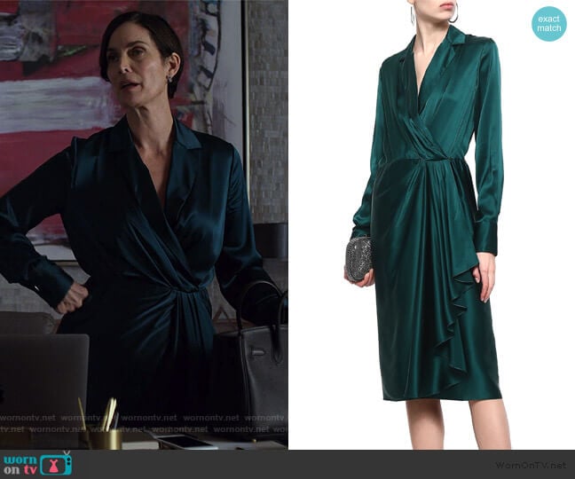 Jeryn’s green satin wrap dress on Jessica Jones