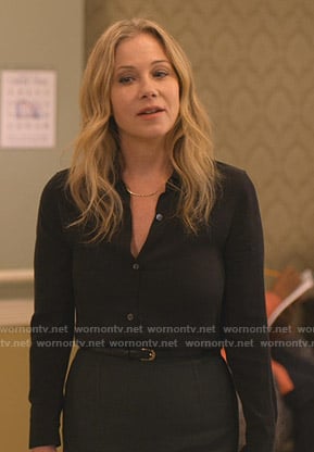 Jen’s black blouse and green pencil skirt on Dead to Me