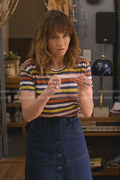 Judy's multicolored striped tee on Dead to Me