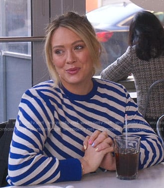 Kelsey's blue and white diagonal striped sweater on Younger