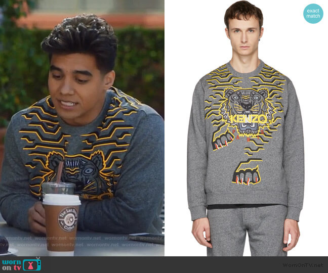 Gray Geo Tiger Sweatshirt by Kenzo worn by Vivek Shah (Jordan Buhat) on Grown-ish