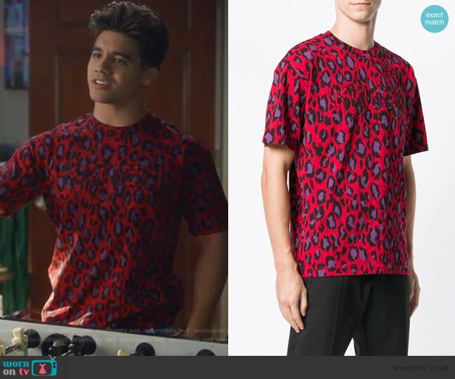 Logo Leopard Print T-Shirt by Kenzo worn by Vivek Shah (Jordan Buhat) on Grown-ish