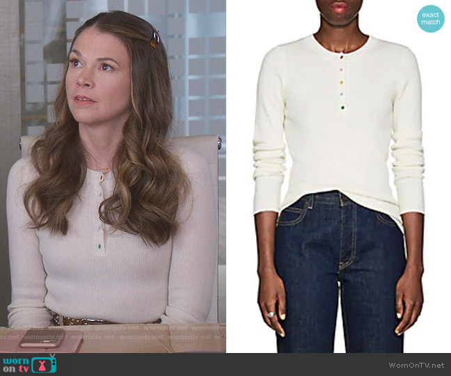 Rib Knit Cashmere Henley by Lisa Perry worn by Liza Miller (Sutton Foster) on Younger