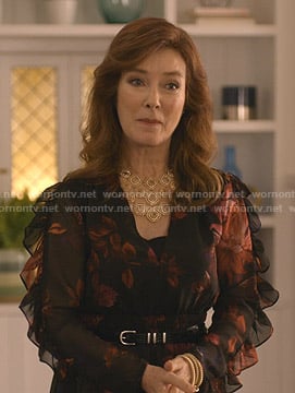 Lorna's black floral ruffled dress on Dead to Me
