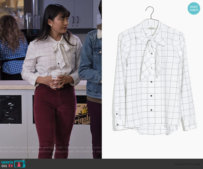 Rachelle’s white check tie neck blouse on Trinkets