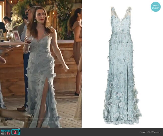 Floral Embroidered Plunging Gown by Marchesa Notte worn by Abigail Pershing (Sarah Power) on Good Witch