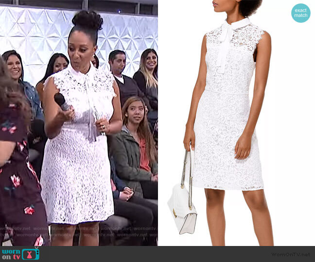 Corded Lace Tie-Neck Dress by MICHAEL Michael Kors worn by Tamera Mowry  on The Real