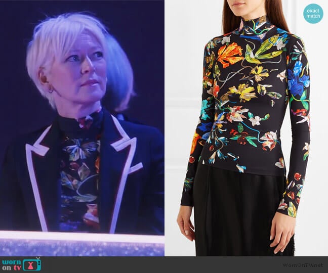 Floral-print stretch-jersey turtleneck top by Mugler worn by Joanna Coles on The Bold Type