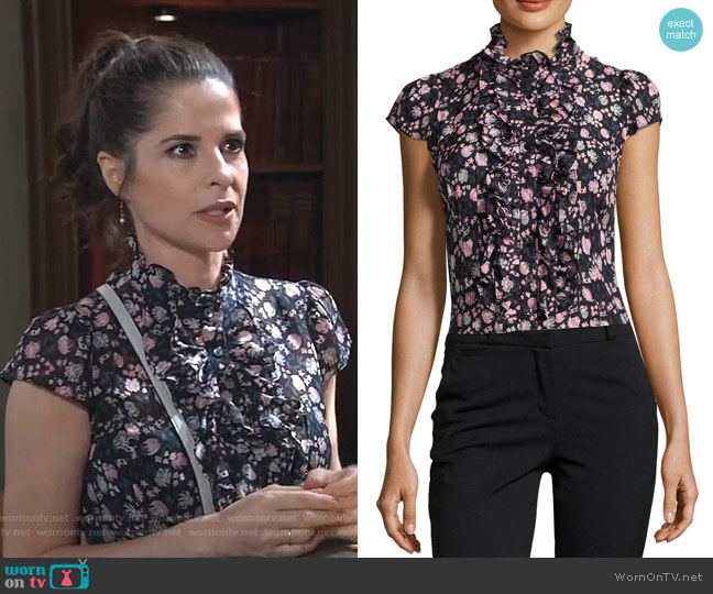 Cap-Sleeve Floral Silk Ruffle-Trim Blouse by Nanette Lepore worn by Sam McCall (Kelly Monaco) on General Hospital