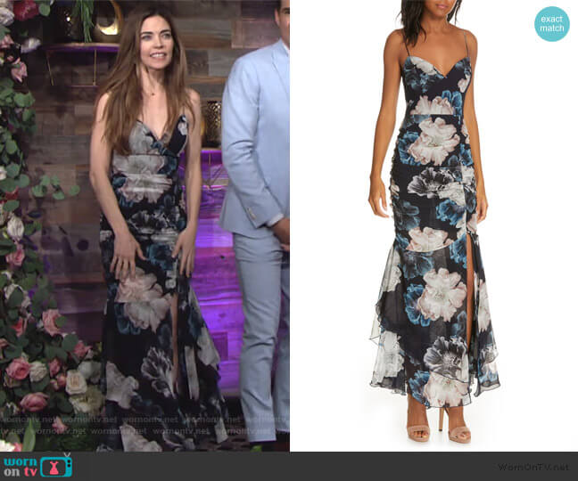 Floral Ruched Silk Dress by Nicholas worn by Victoria Newman (Amelia Heinle) on The Young and the Restless