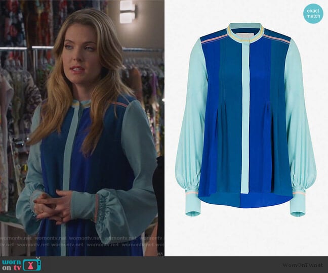 Contrast-panel silk shirt by Peter Pilotto worn by Sutton (Meghann Fahy) on The Bold Type