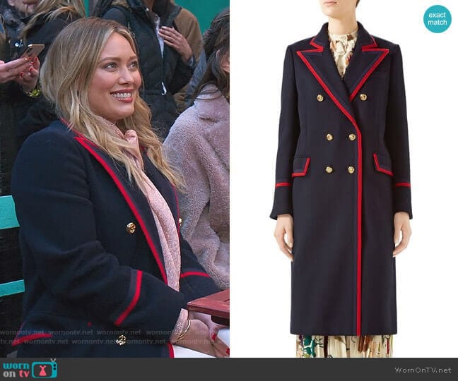 Piped Double-Breasted Coat by Gucci worn by Kelsey Peters (Hilary Duff) on Younger