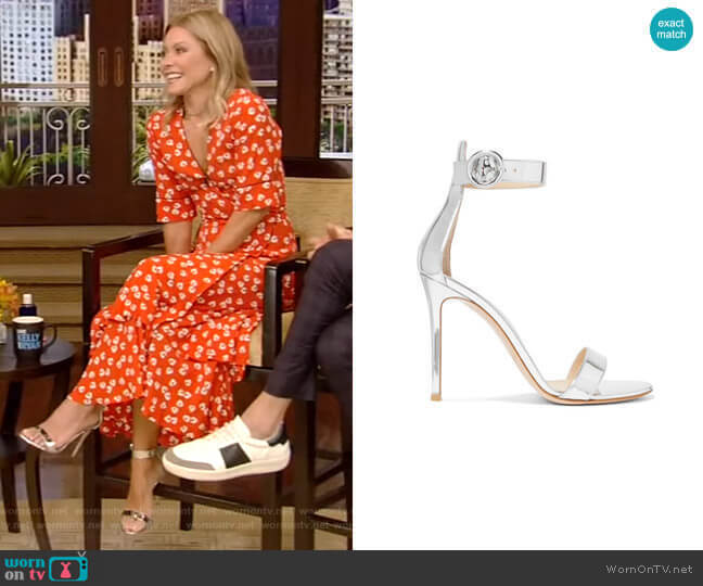 Portofino Metallic Leather Sandals by Gianvito Rossi worn by Kelly Ripa on Live with Kelly and Mark