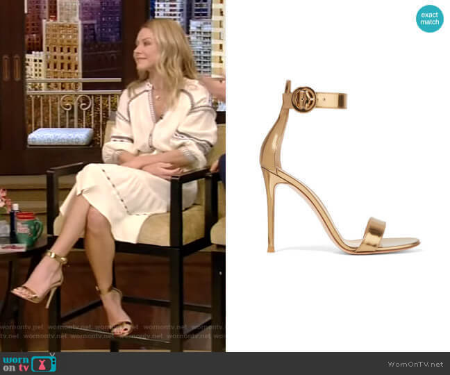 Portofino Metallic Leather Sandals by Gianvito Rossi worn by Kelly Ripa on Live with Kelly and Mark