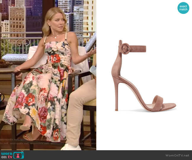 Portofino Suede Sandals by Gianvito Rossi worn by Kelly Ripa on Live with Kelly and Mark