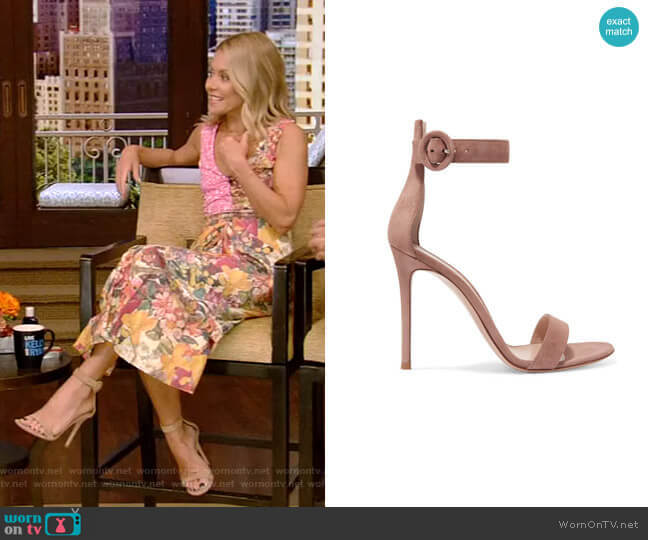 Portofino Suede Sandals by Gianvito Rossi worn by Kelly Ripa on Live with Kelly and Mark