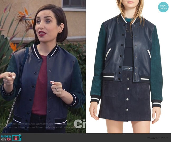 Suede and Leather Varsity Jacket by Rag and Bone worn by Jennifer Short (Zoe Lister-Jones) on Life in Pieces