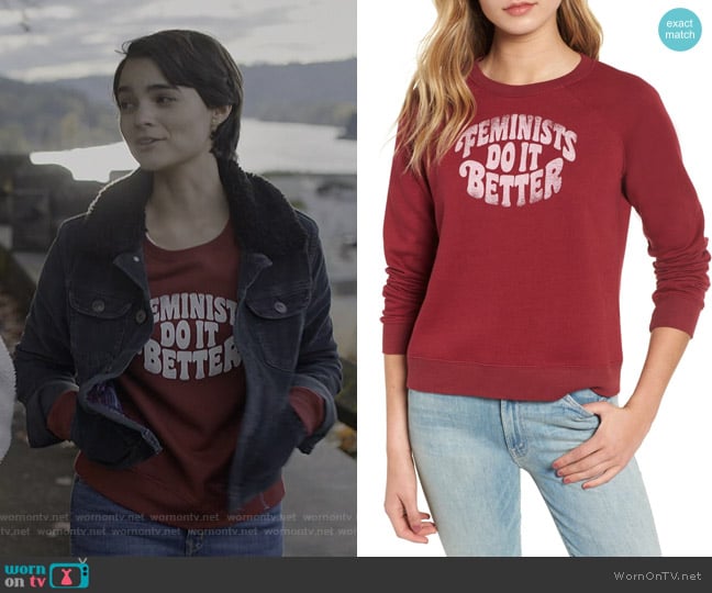 Jennings Feminists Do It Better Sweatshirt by Rebecca Minkoff worn by Elodie Davis (Brianna Hildebrand) on Trinkets