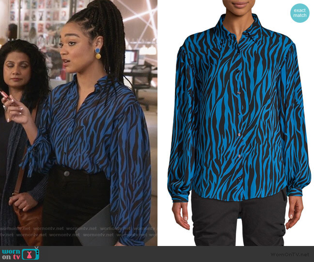 Zebra-print georgette shirt by Robert Rodriguez worn by Kat Edison (Aisha Dee) on The Bold Type