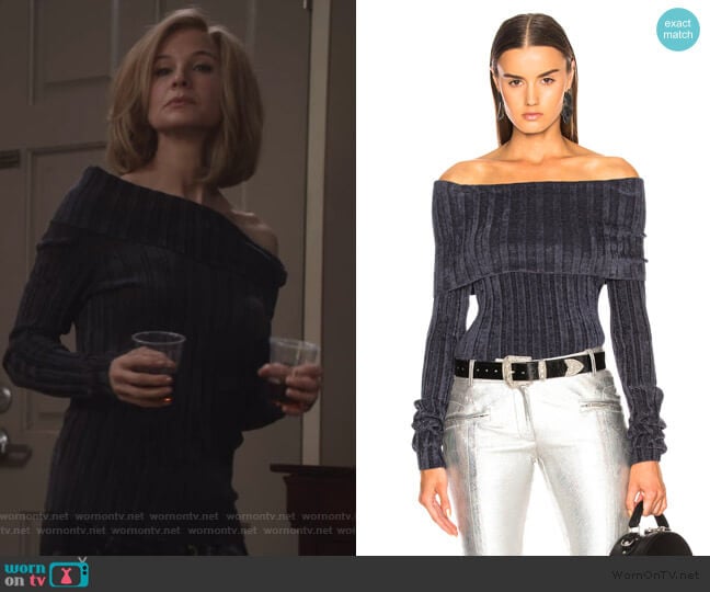 Daphne Velour Rib Off Shoulder Sweater by Sies Marjan worn by Anne Montgomery (Renee Zellweger) on What/If