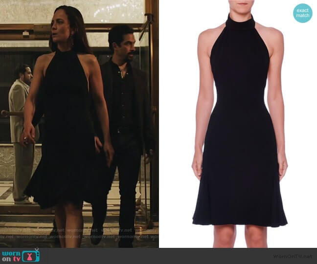 Sleeveless Halter-Neck Open-Back Fit-and-Flare Cady Dress by Stella McCartney worn by Teresa Mendoza (Alice Braga) on Queen of the South