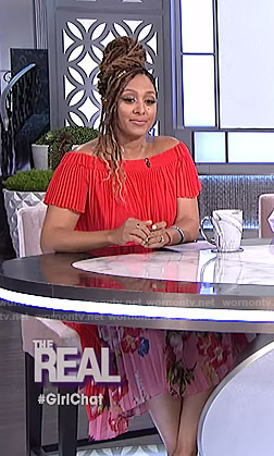 Tamera’s red off-shoulder pleated dress on The Real