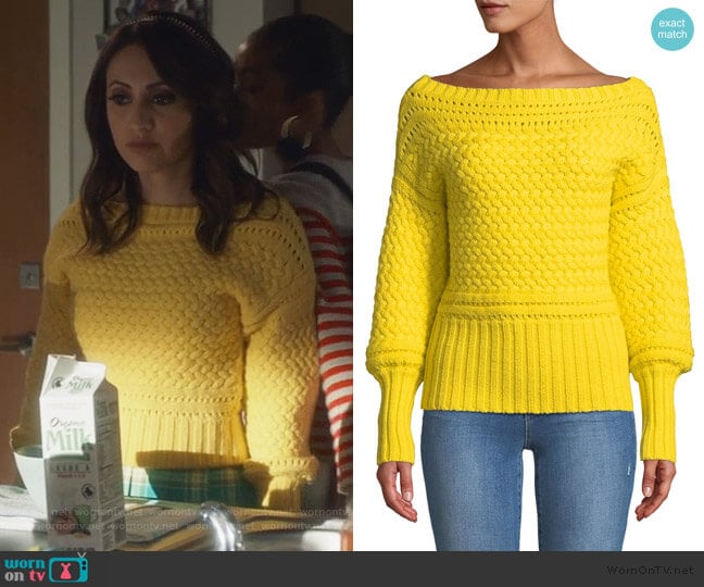 Marie Cable-Knit Off-Shoulder Sweater by Tanya Taylor worn by Ana Torres (Francia Raisa) on Grown-ish