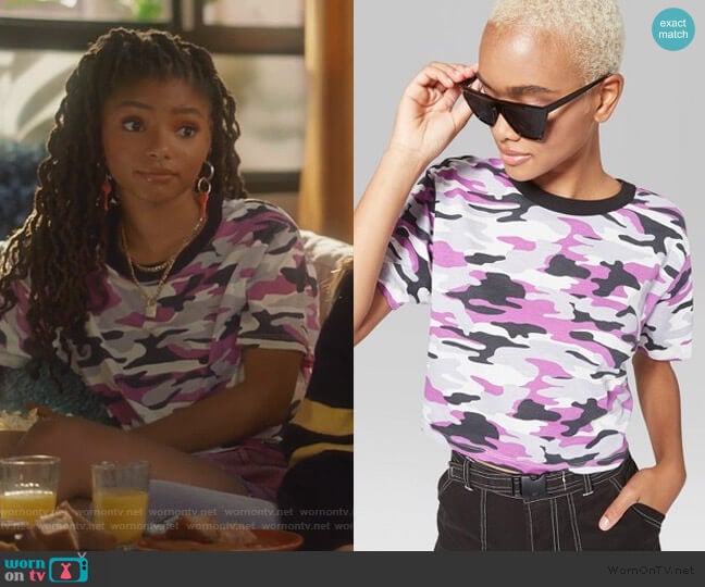 Camo Ringer t-shirt by Target worn by Skylar Forster (Halle Bailey) on Grown-ish