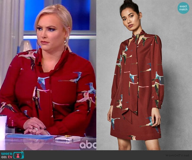 WornOnTV: Meghan’s burgundy print tie neck dress on The View | Meghan ...