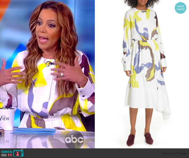 Asymmetric Paneled Printed Crepe Midi Dress by Tibi worn by Sunny Hostin on The View