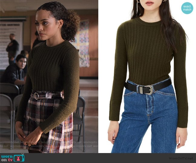 Rib Sweater in Olive by Topshop worn by Tabitha Foster (Quintessa Swindell) on Trinkets