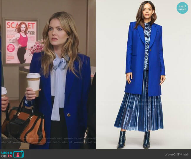 Twill Coating Eva Slim Coat by Milly worn by Sutton (Meghann Fahy) on The Bold Type