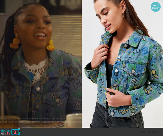 Floral Embroidered Trucker Jacket by Urban Outfitters worn by Jazlyn Forster (Chloe Bailey) on Grown-ish